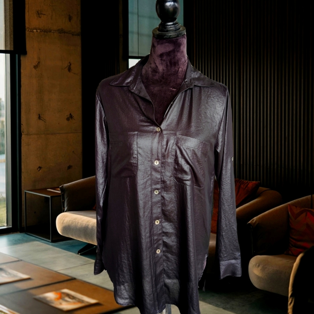 NightCap by C.R. liquid black button up blouse